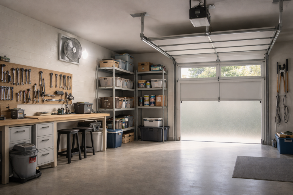 Wall-mounted garage ventilation fan installed in a residential garage to improve air circulation.