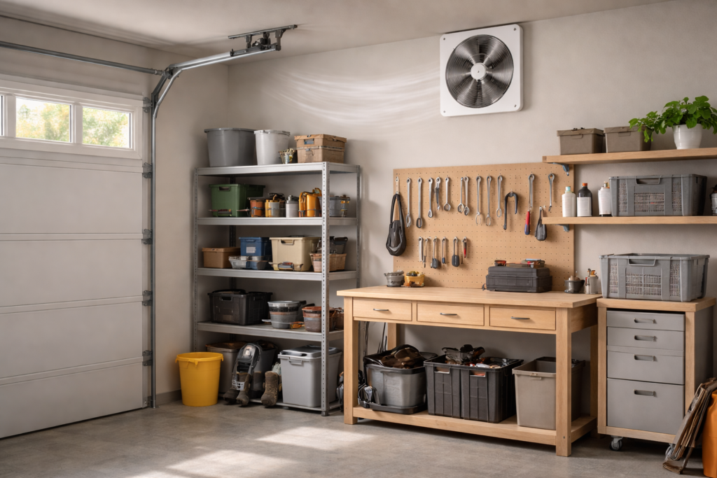 Wall-mounted garage ventilation fan exhausting hot air from a residential garage interior.