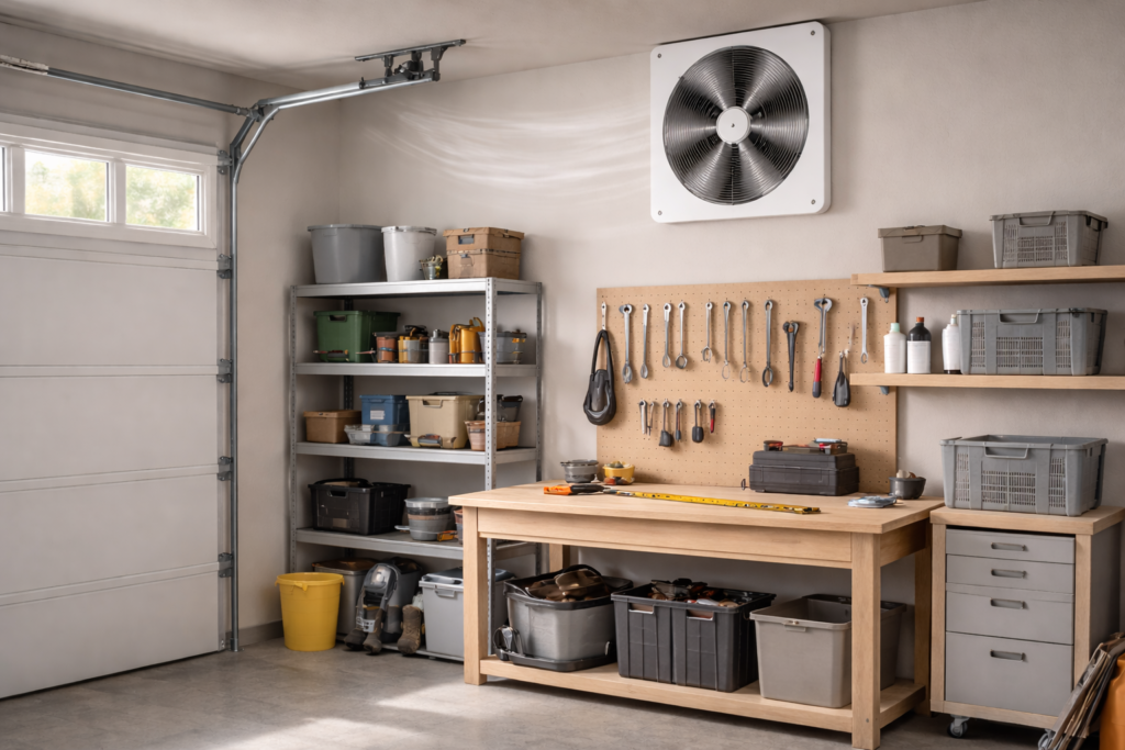 Large wall-mounted garage ventilation fan installed near the ceiling of a residential garage