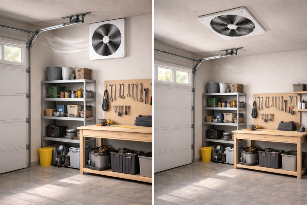 Comparison of wall-mounted and ceiling-mounted garage ventilation fans installed in a residential garage.