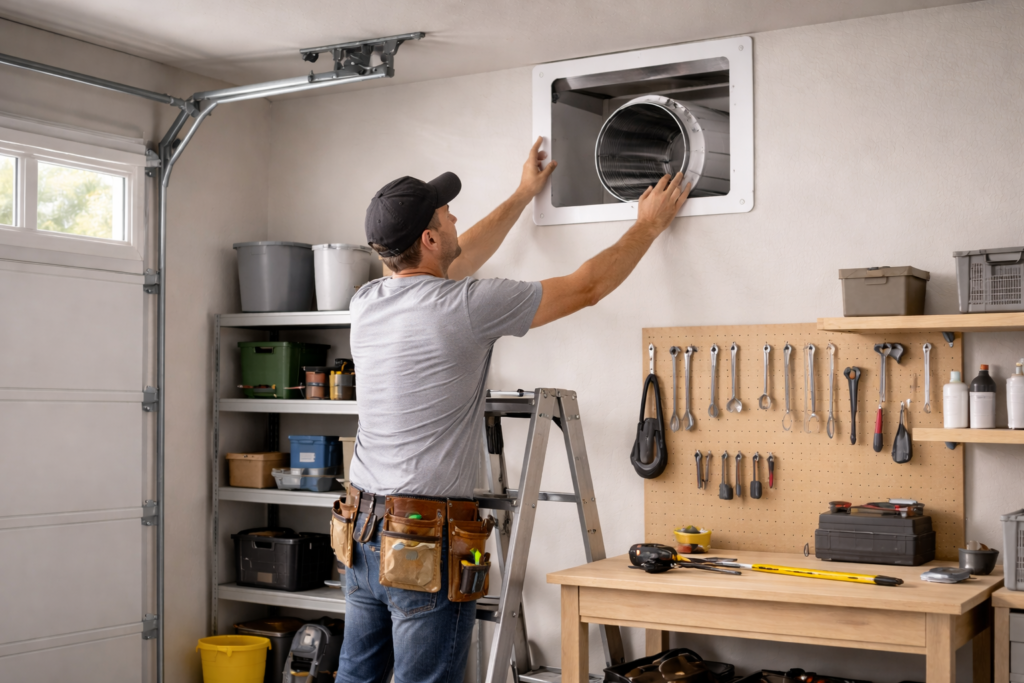 Homeowner installing a wall-mounted garage ventilation fan near the ceiling of a residential garage.