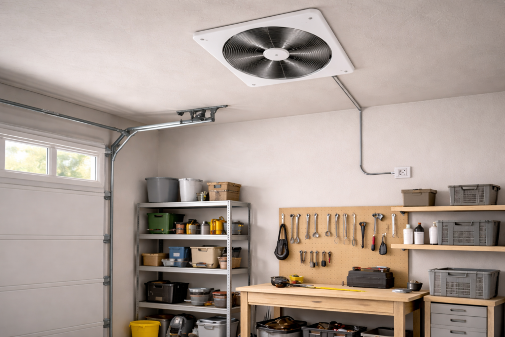 Garage ventilation fan installed with electrical wiring and wall switch in a residential garage.