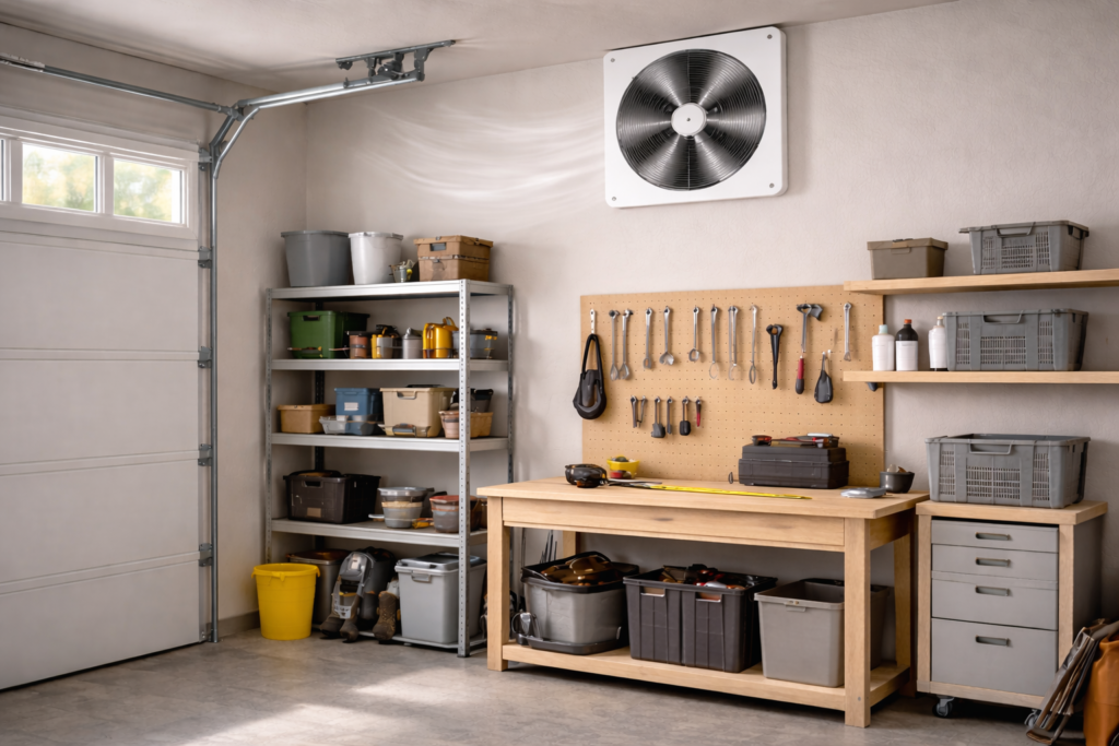 Large garage ventilation fan installed high on the wall to move airflow through a residential garage.