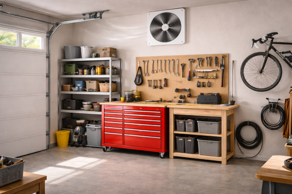 Garage ventilation fan removing heat from a workshop garage with red tool chest and pegboard tools.