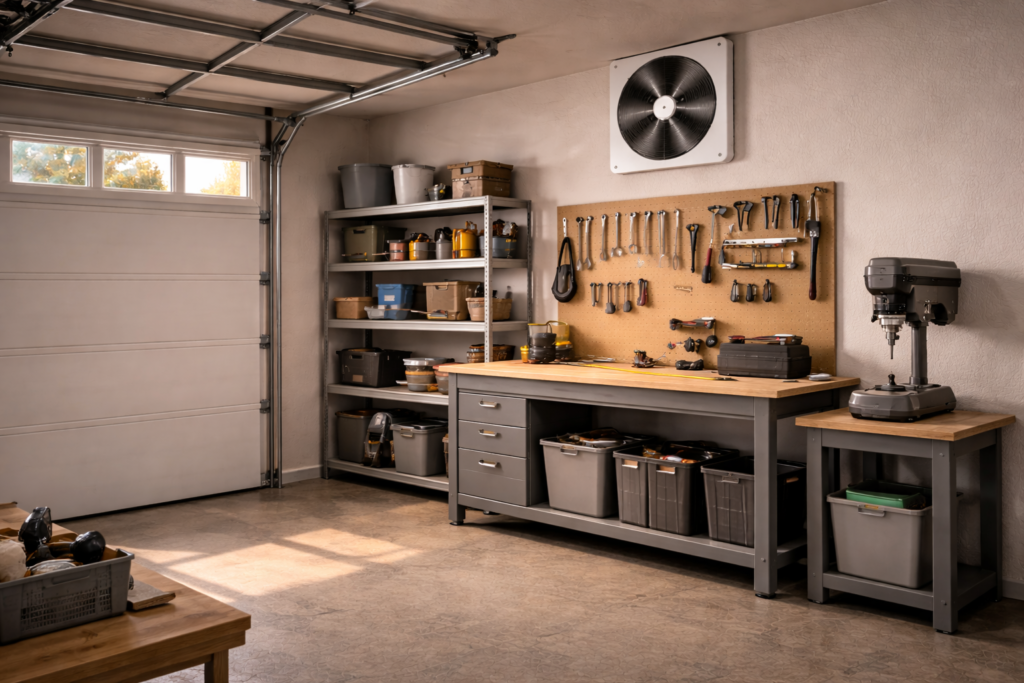 Garage ventilation fan installed in a residential garage workshop with tools and storage shelves.