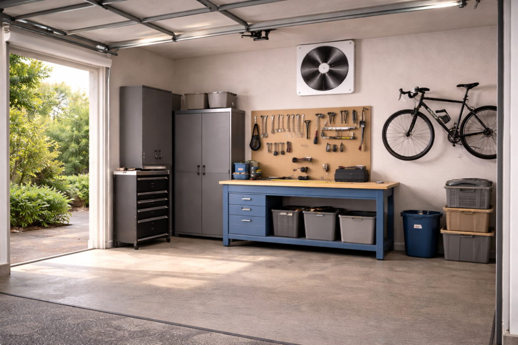 Garage ventilation fan installed high on the exterior wall of a residential garage workshop.