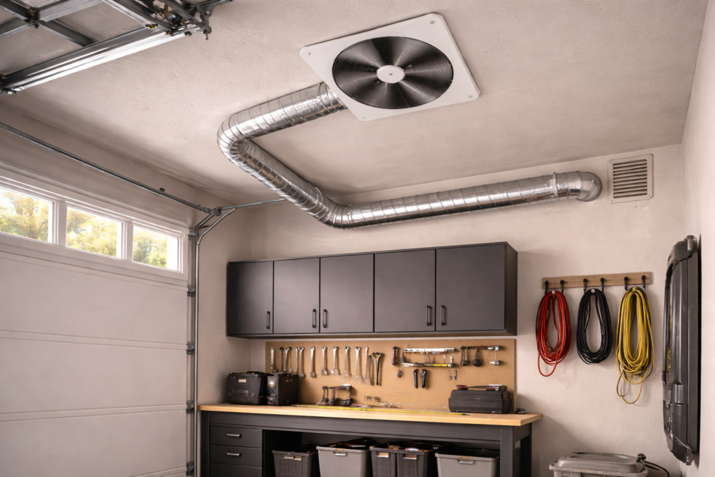 Ceiling-mounted garage ventilation fan connected to ductwork venting outside a residential garage.