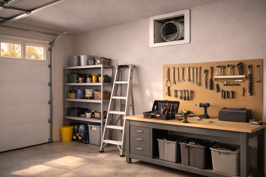 Garage ventilation fan being installed above a wooden workbench in a residential garage.