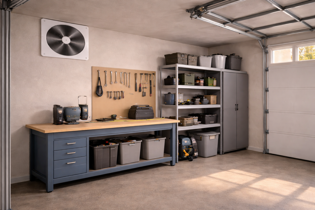 Garage ventilation fan installed high on a wall with garage door on the right side of the space.