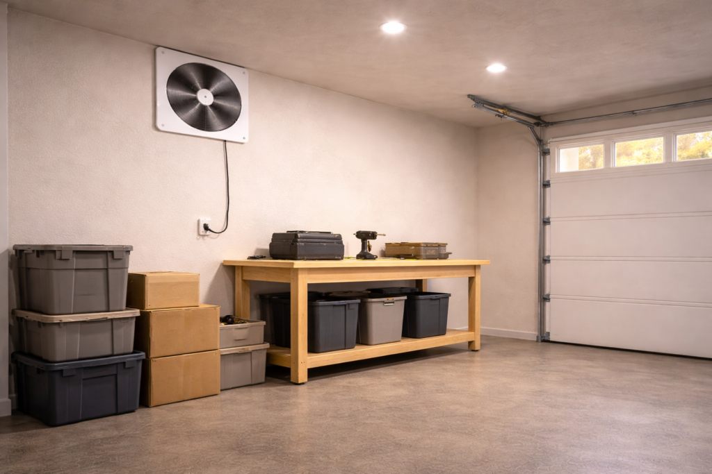 Garage exhaust fan plugged into a standard electrical outlet inside a residential garage.