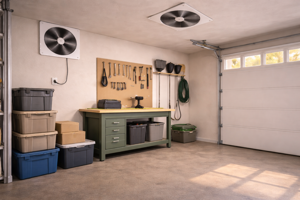 Comparison of plug-in and hardwired garage ventilation fans installed in a residential garage.