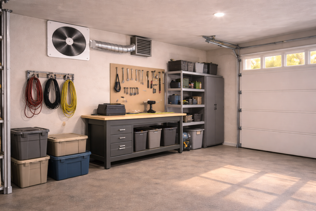 Garage ventilation exhaust fan with backdraft damper installed on an exterior wall.