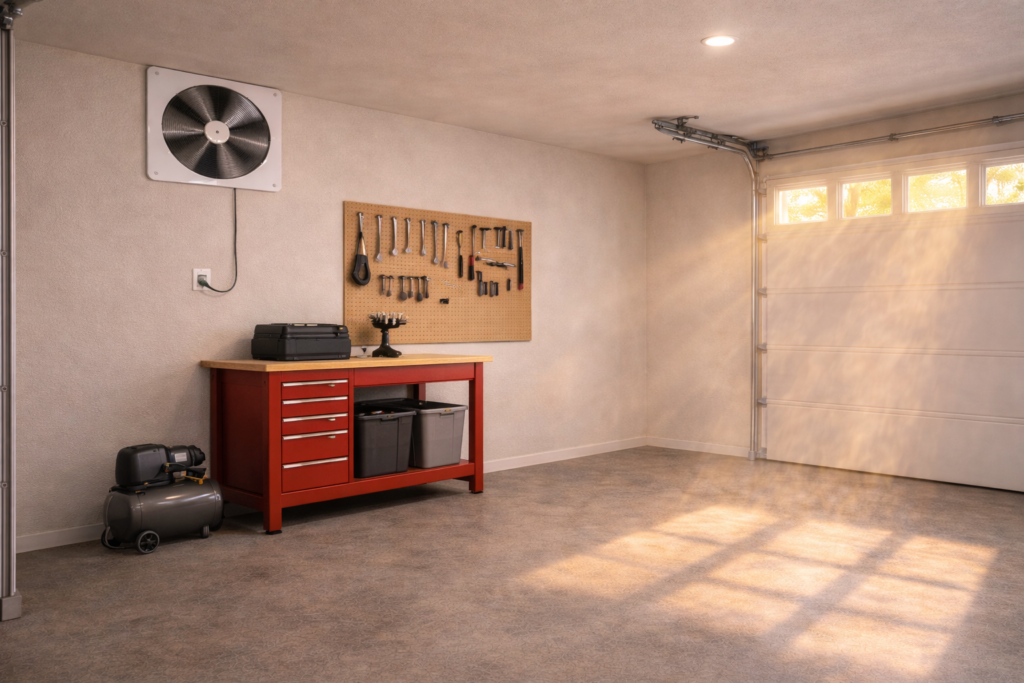 Residential garage with ventilation fan running while sunlight heats the garage interior.