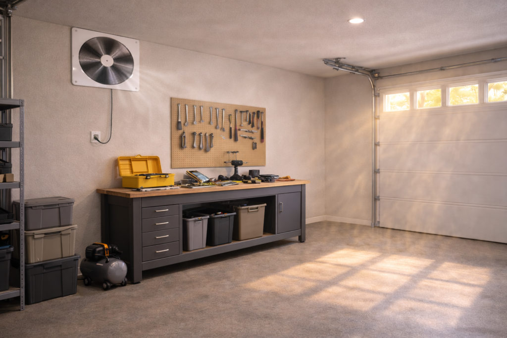 Garage exhaust fan running near the ceiling of a residential garage workshop.