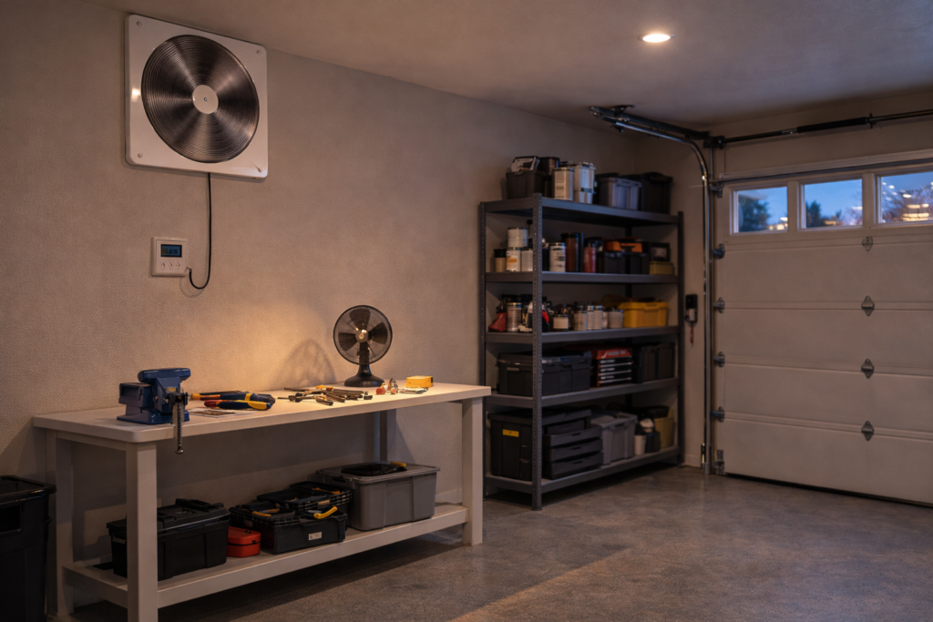 Garage ventilation fan running continuously in a residential garage with thermostat control.