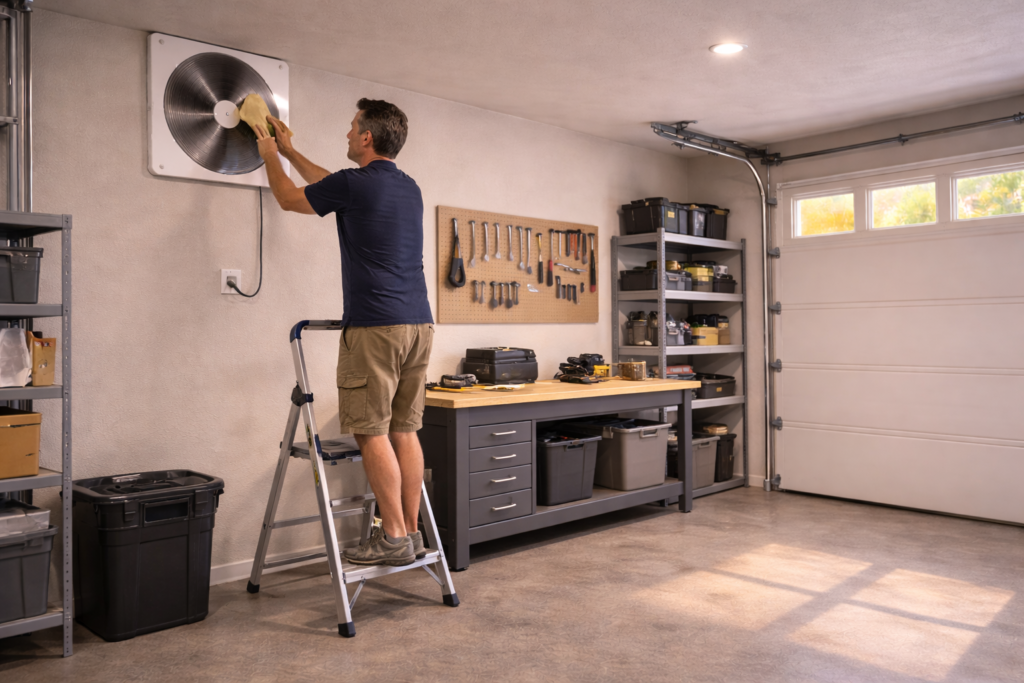 Cleaning dust from a wall-mounted garage ventilation fan during routine maintenance.