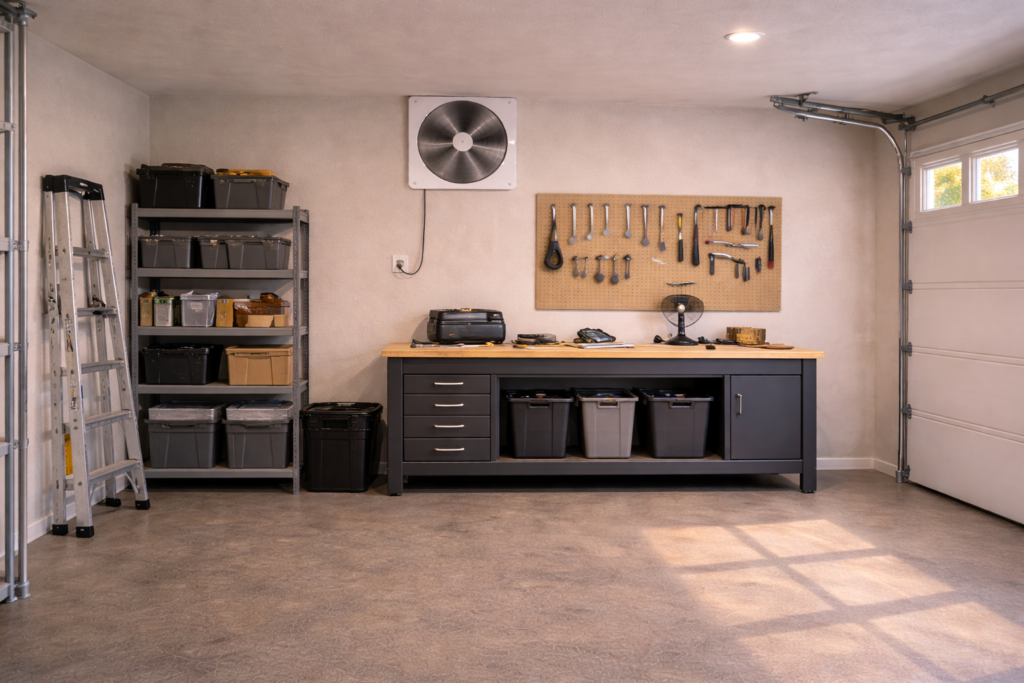 Wall-mounted garage ventilation fan installed above a workbench in a residential garage.