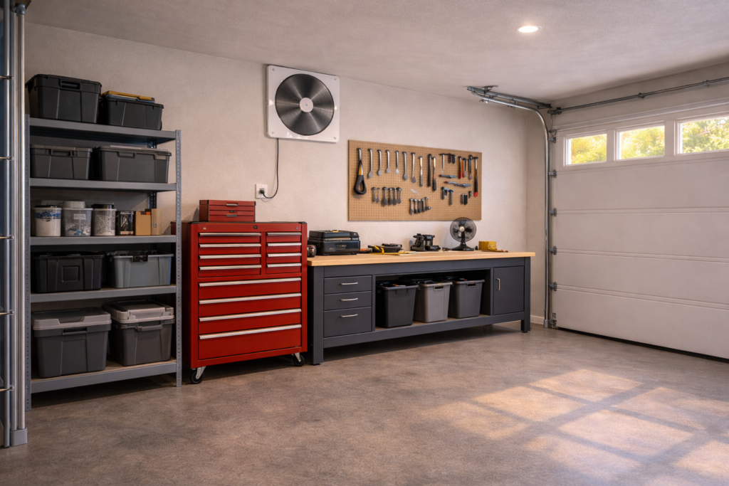 Wall-mounted garage ventilation fan installed above a tool bench in a residential garage.