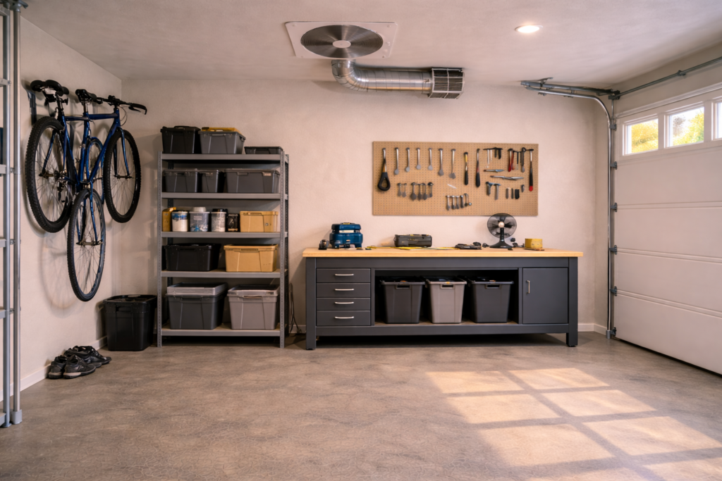 Ceiling-mounted garage exhaust fan connected to ductwork in a residential garage workshop.