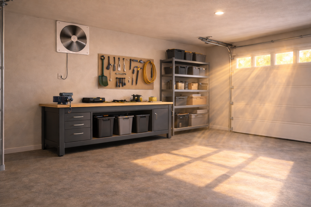 Garage ventilation fan removing heat from a residential garage on a hot sunny day.