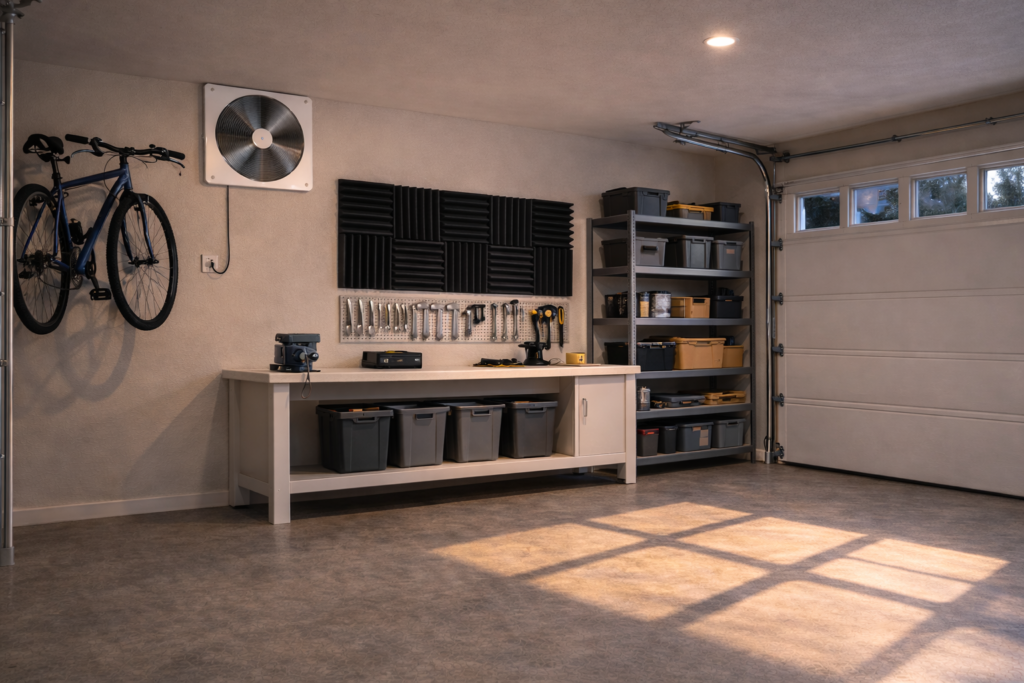 Quiet ceiling-mounted garage ventilation fan installed above a clean workbench in a residential garage.