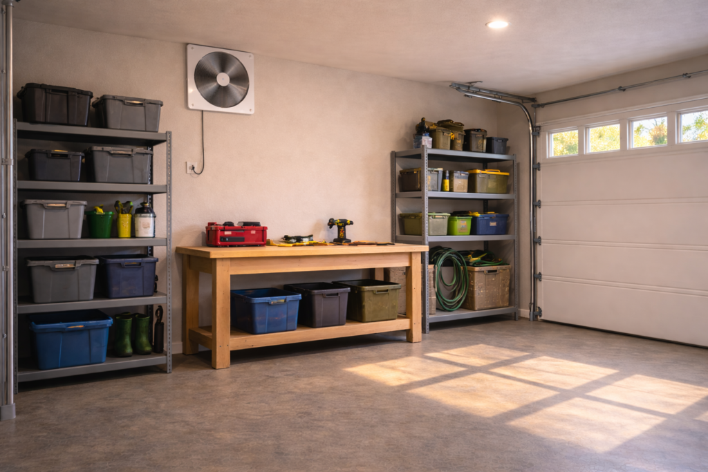 Affordable wall-mounted garage ventilation fan installed in a modest residential garage.