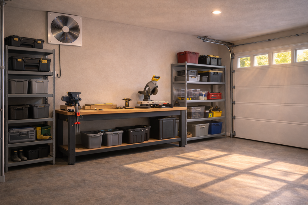 Large high-CFM garage ventilation fan installed high on the wall of a spacious garage workshop.