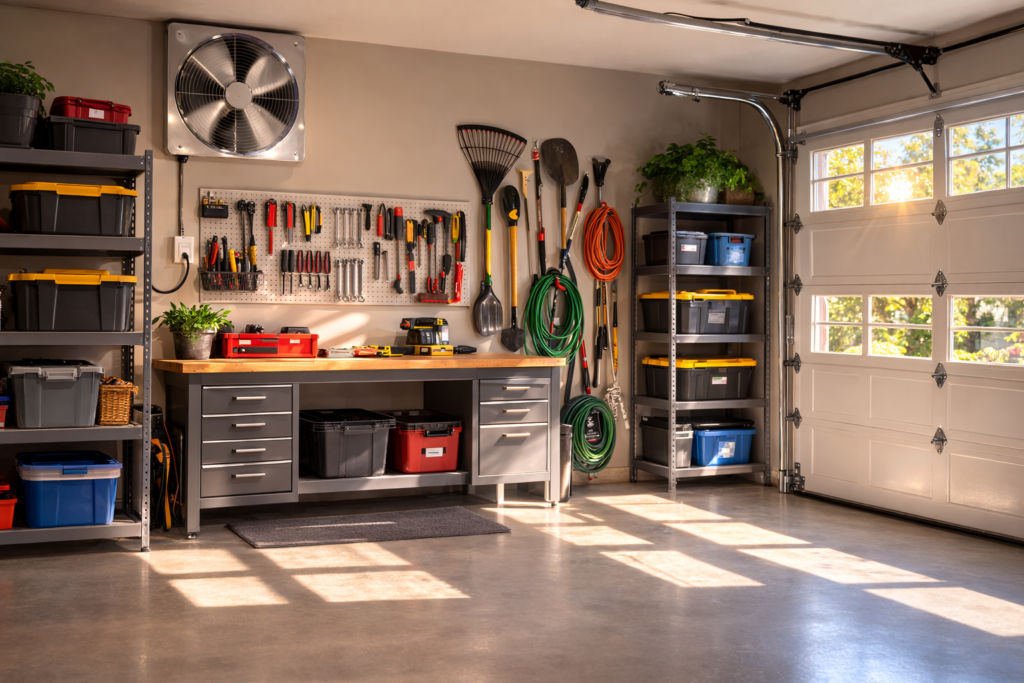 Small residential garage with a compact wall-mounted ventilation fan installed near the ceiling.