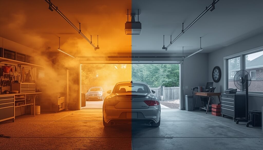 garage showing difference between hot stagnant air and improved airflow with ventilation fan installed